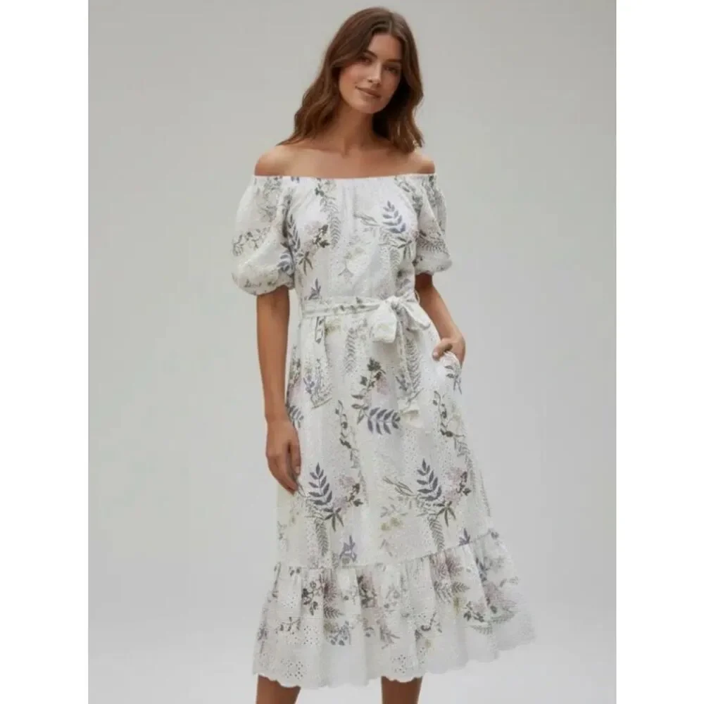 Just Me Cotton Eyelet Puff Sleeve Midi Waist Tie Tiered OffShoulder Floral Dress